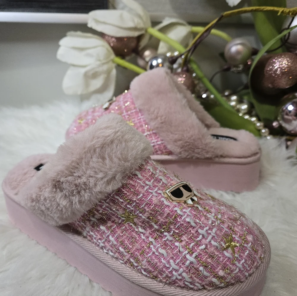 Karl Lagerfeld Hessa Tweed Pink Faux Fur Trim Platform Women's Slides New